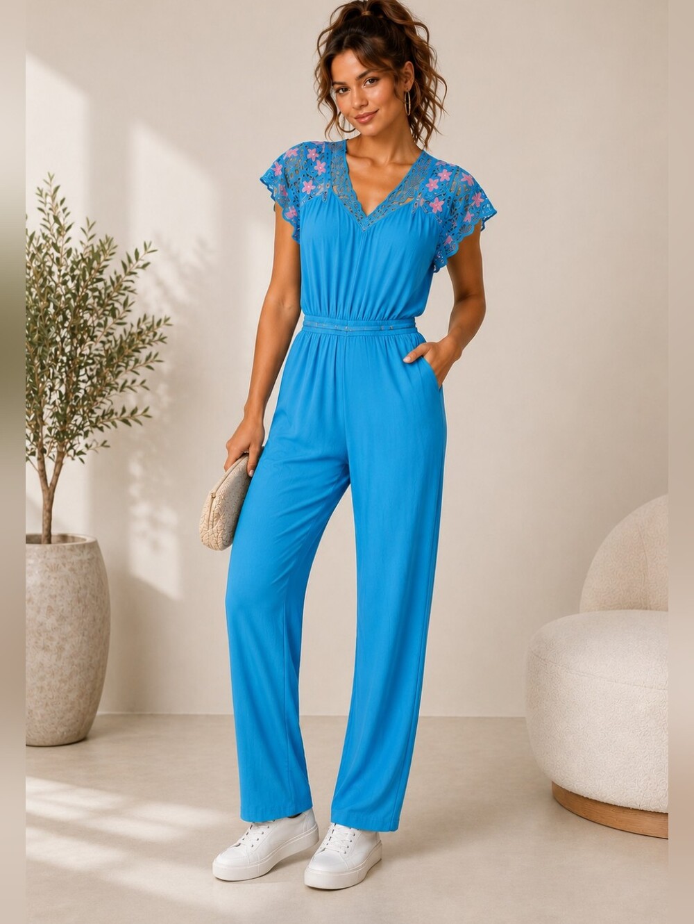 Vintage Blue With Embroidery V-Neck Lace-Trim Jumpsuit Large